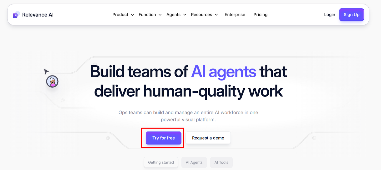 Relevance AI homepage with Try for free and Request a demo CTAs