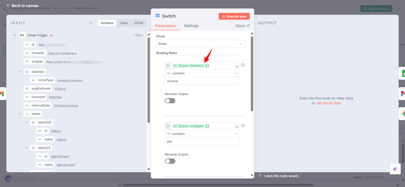 n8n Switch node used to categorize emails