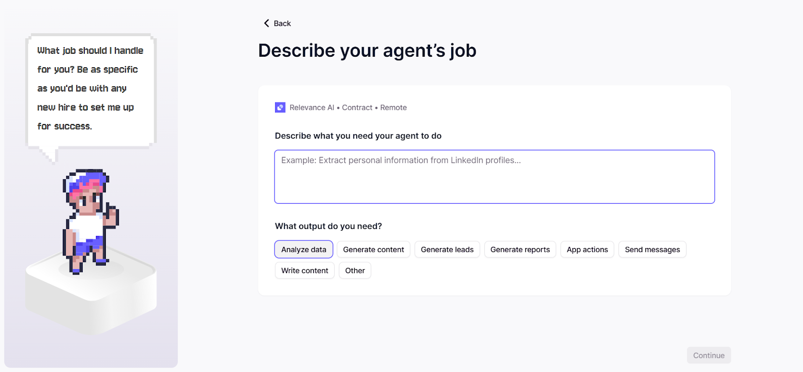 Relevance AI agent job description screen