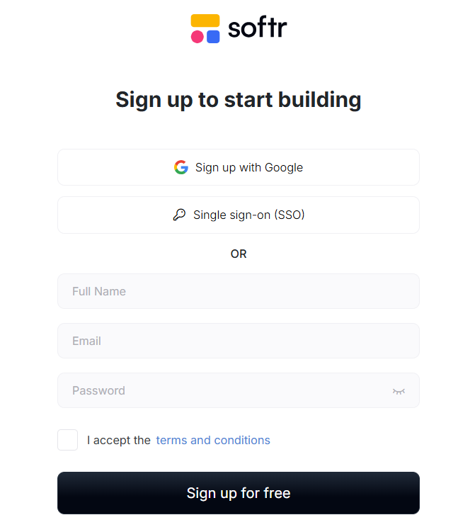 Softr plans page with monthly and yearly billing toggle