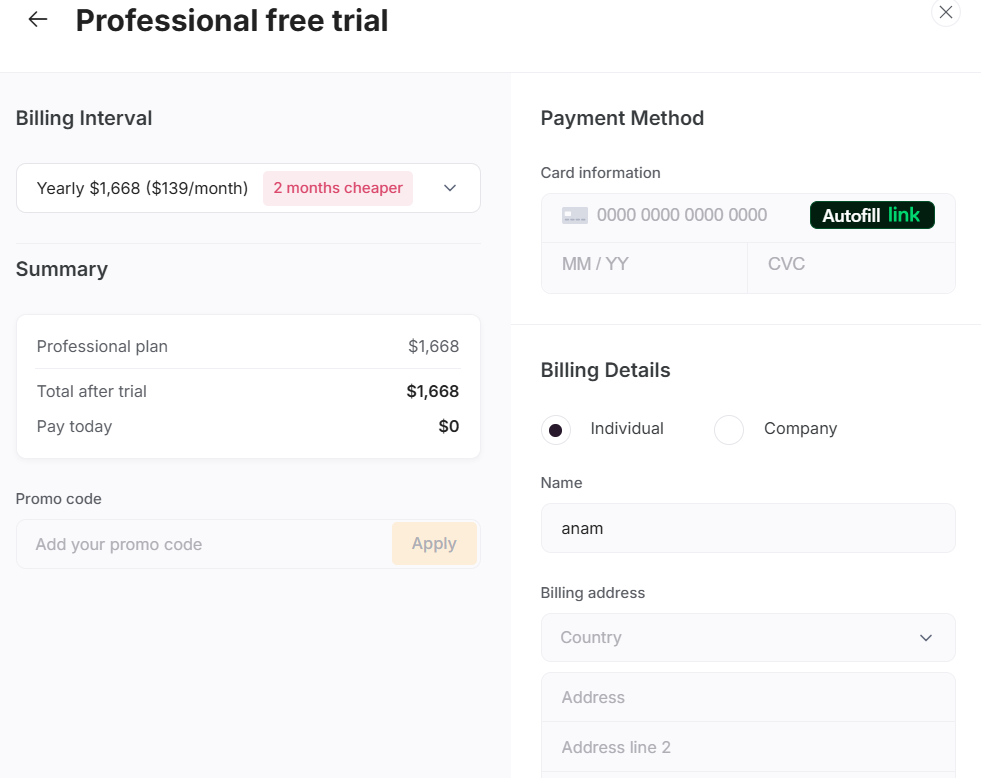 Softr trial checkout summary and promo code field