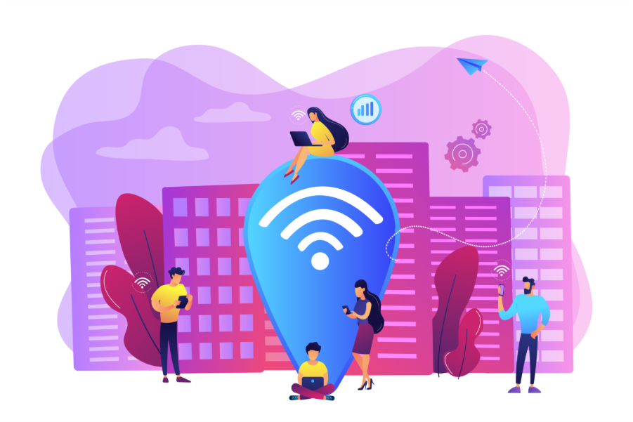 Illustration of people using laptops and smartphones around a large Wi-Fi symbol in a cityscape, representing digital connectivity and wireless internet access.