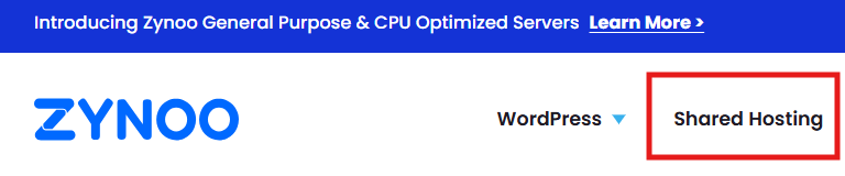ZYNOO top navigation highlighting Shared Hosting