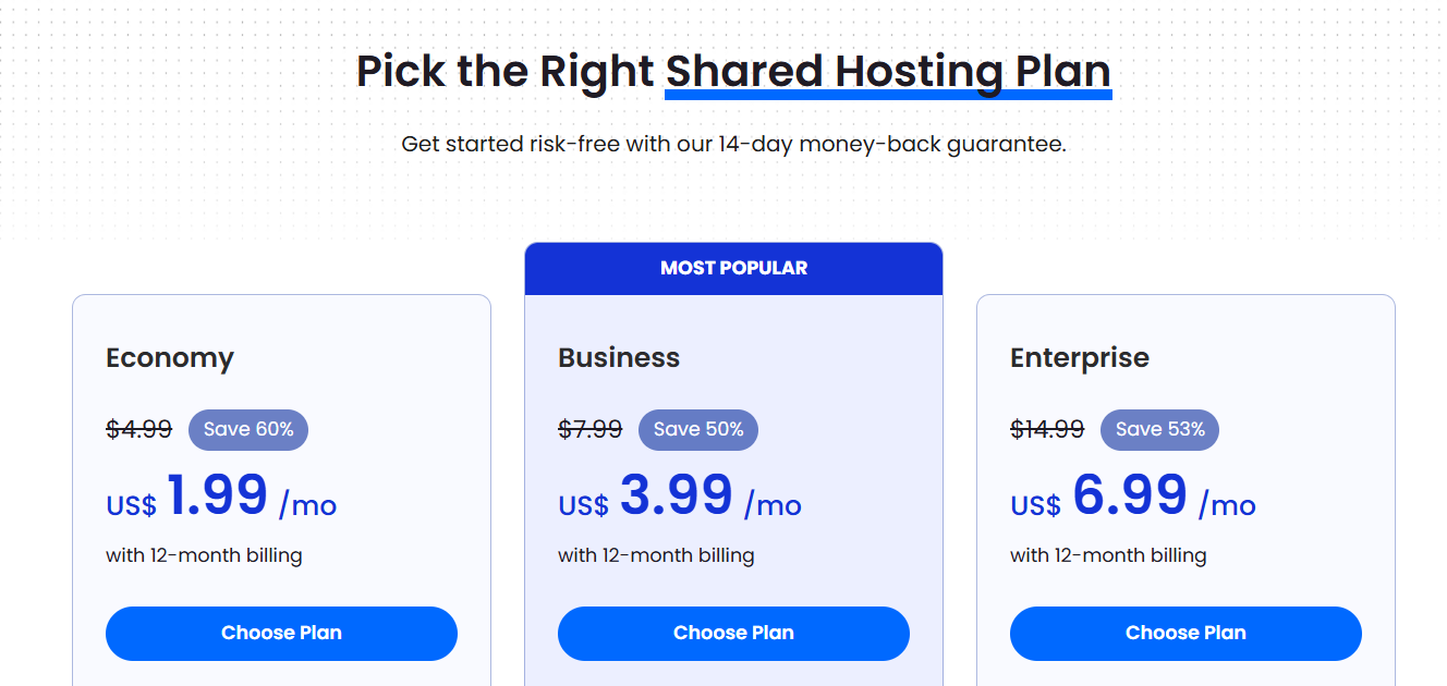 ZYNOO shared hosting plans list and Choose Plan buttons