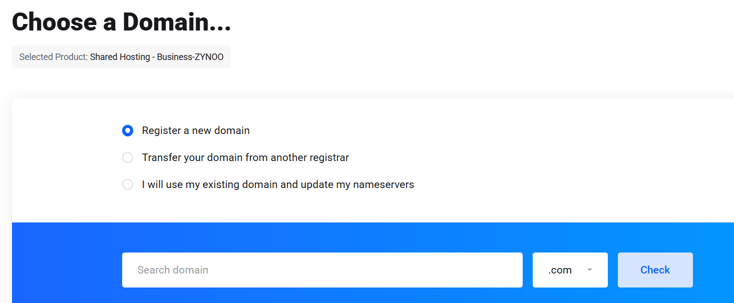 ZYNOO domain registration or transfer selection screen