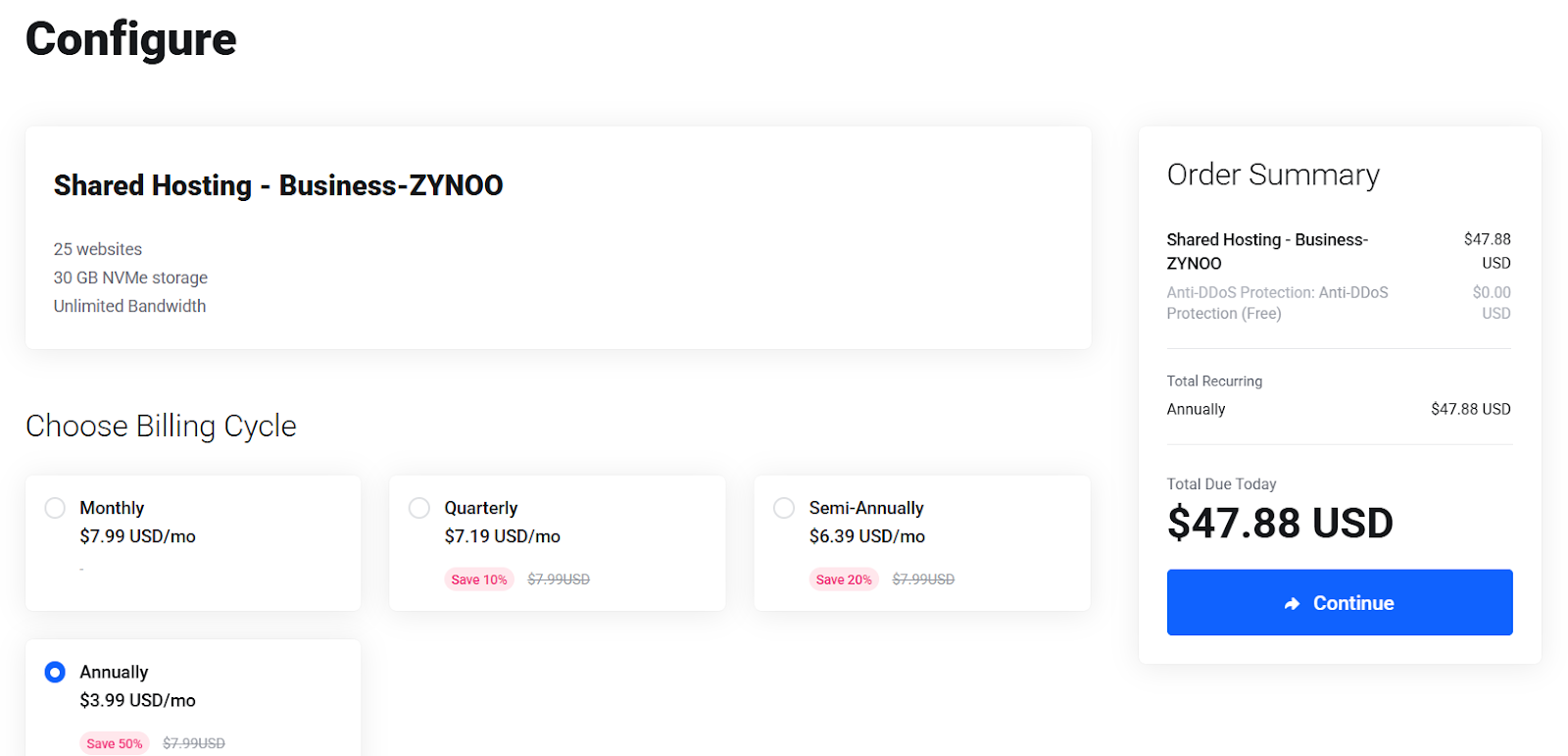 ZYNOO order configuration and Continue button