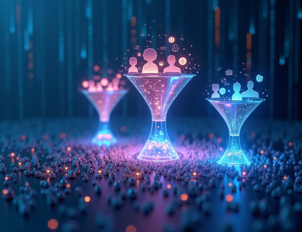 A 3D graphic showing diverse user icons being sorted into targeted audience segments.