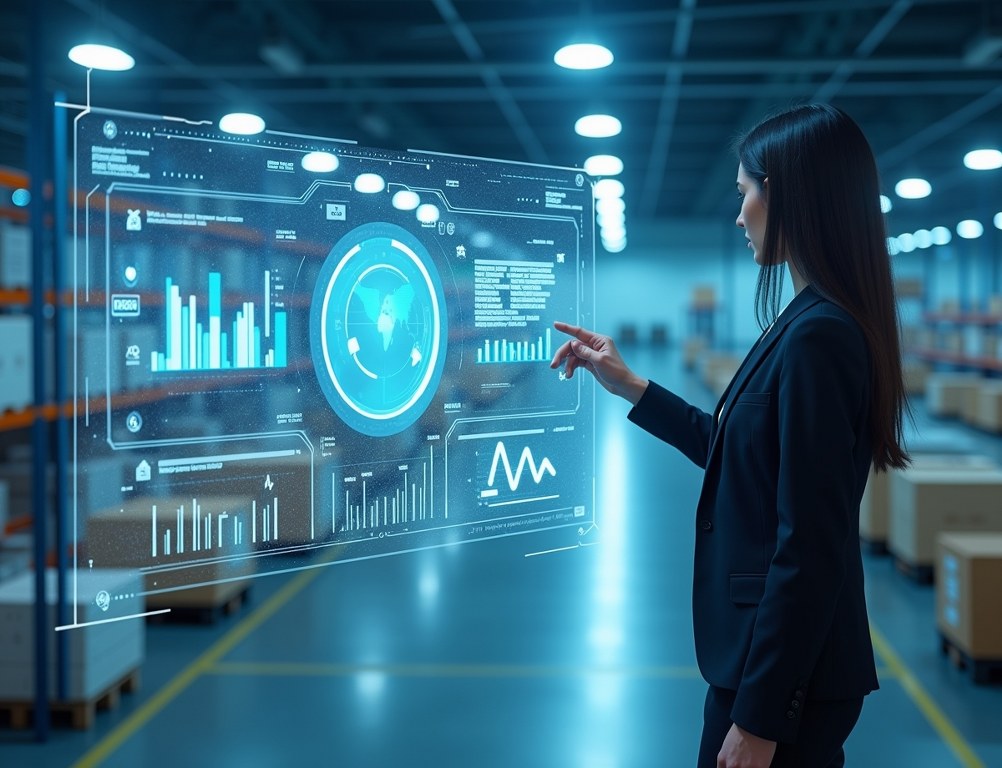 A B2B manager uses a futuristic holographic interface to manage supply chain logistics and orders.
