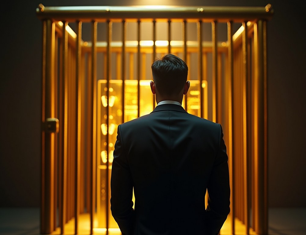 A businessperson stands frustrated outside a golden cage, symbolizing vendor lock-in, where their digital store is trapped.