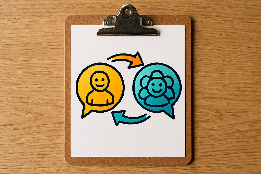 A clipboard with user profiles in a loop.