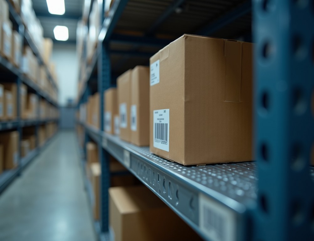 A close-up macro shot of a glowing RFID tag on a product sitting on a smart shelf in a warehouse.