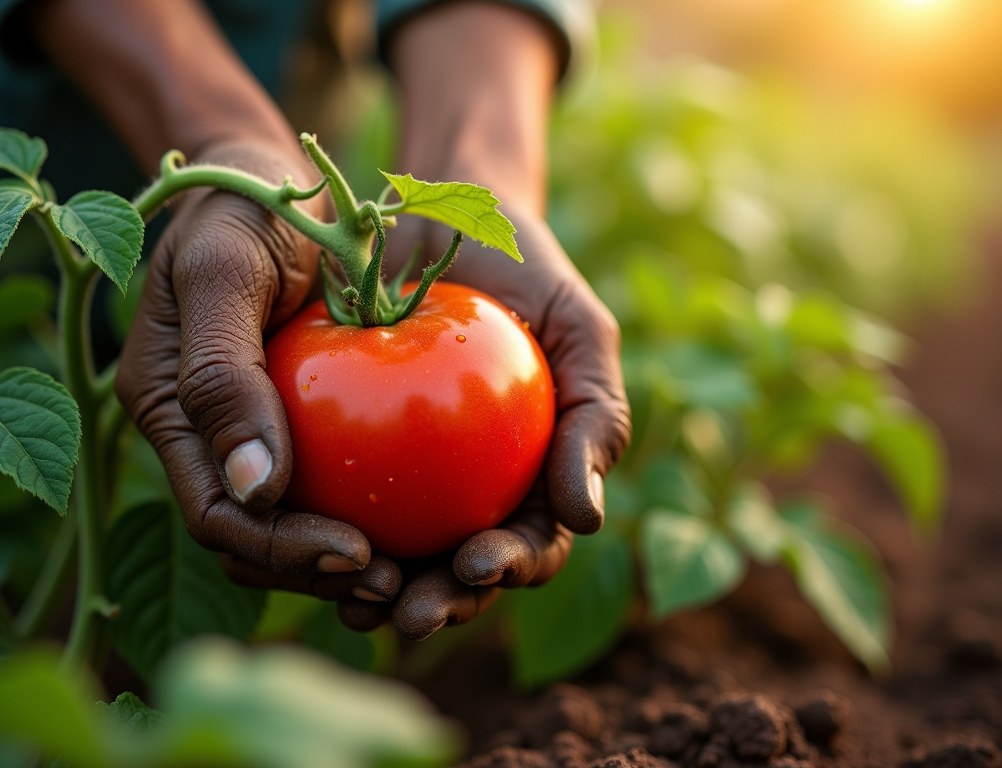 A close-up of a farmer's hands picking a ripe, organic tomato from the vine in the morning sun.