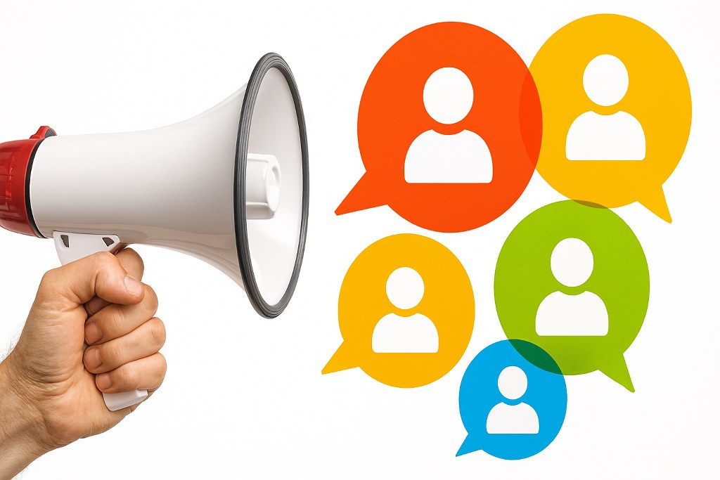 A close-up of a hand holding a megaphone sending out colorful speech bubbles with small user icons.