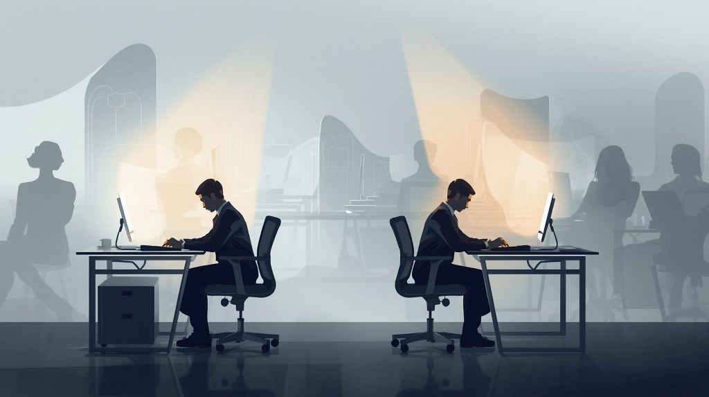 A conceptual illustration of the Hawthorne Effect: office workers behavior changes because they are being observed. 