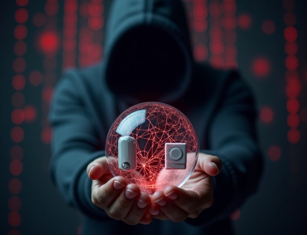 A conceptual image of a hacker cracking a glass sphere that contains vulnerable smart home devices.