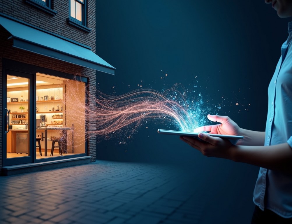 A conceptual image showing a brick-and-mortar store transforming into a digital interface on a tablet.