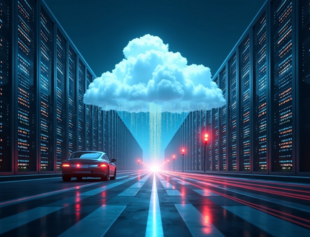 A conceptual image showing the relationship between cloud computing for data storage and edge computing for real-time processing.