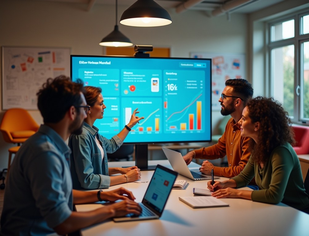 A creative digital marketing team collaborates on a campaign in a modern, vibrant office.