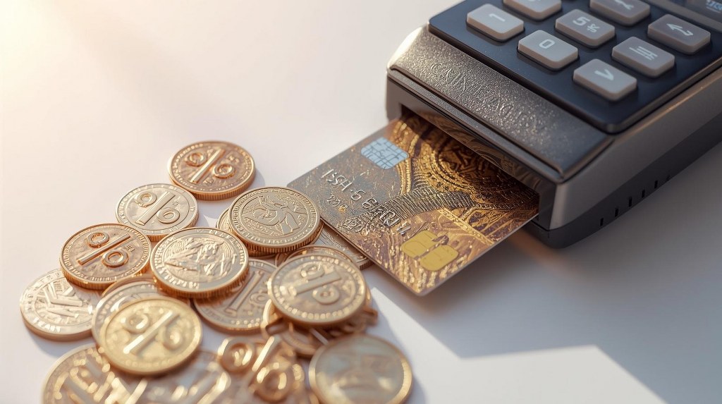 A credit card swiping through a payment terminal, with small coins and percentage signs falling out as 'fees'. 