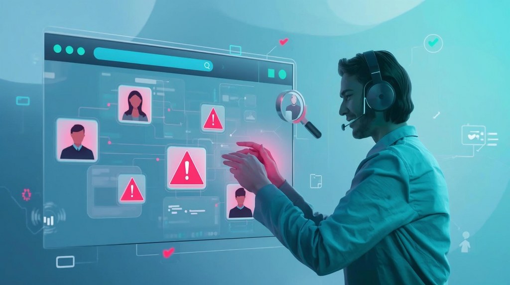 A customer is shown in front of broken website interface with red warning symbols while CSR is helping in realtime.