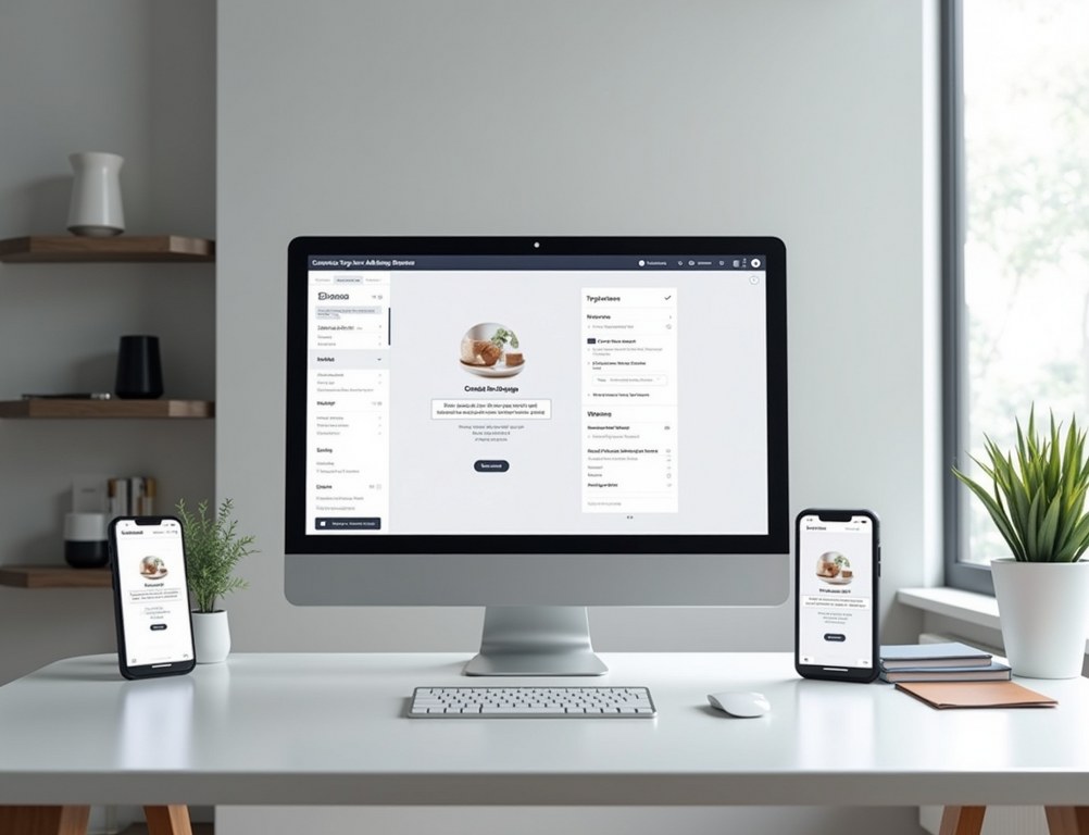 A designer's desk showing an email being designed with live previews in both light and dark modes on smartphones.