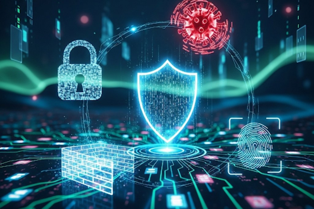 A digital and abstract representation of cybersecurity.