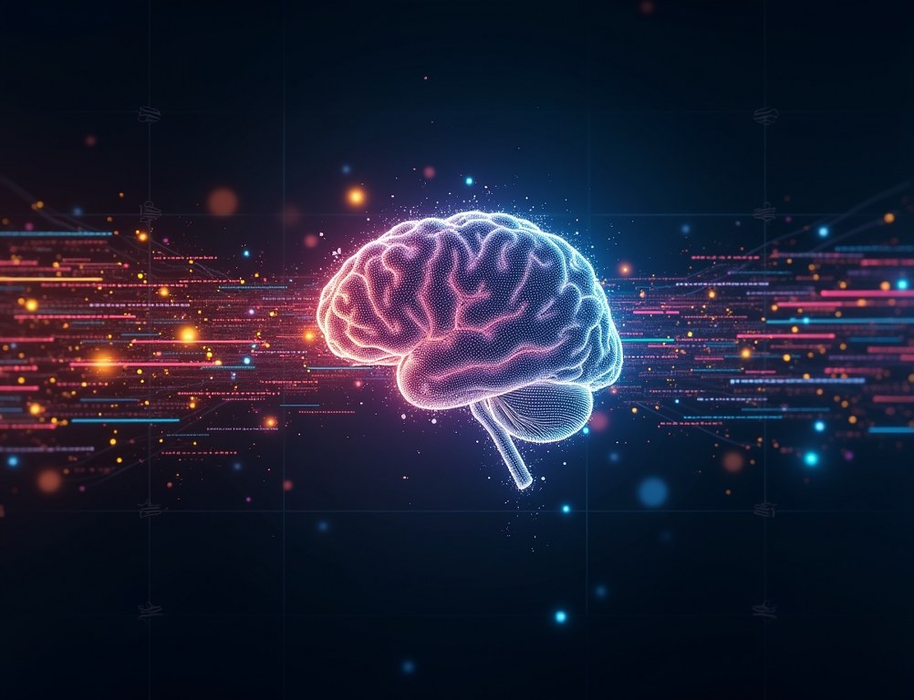 A digital brain receiving streams of data from various IoT devices, representing real-time data collection.
