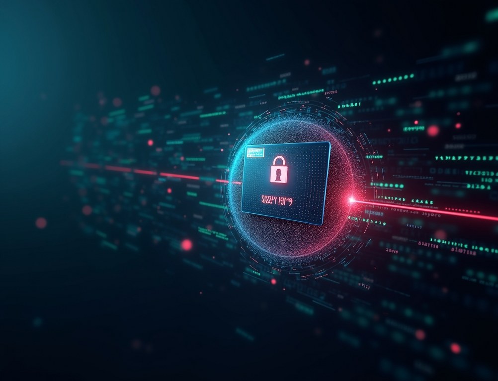 A digital shield of data protecting a credit card icon from red lines, symbolizing real-time fraud detection and prevention.