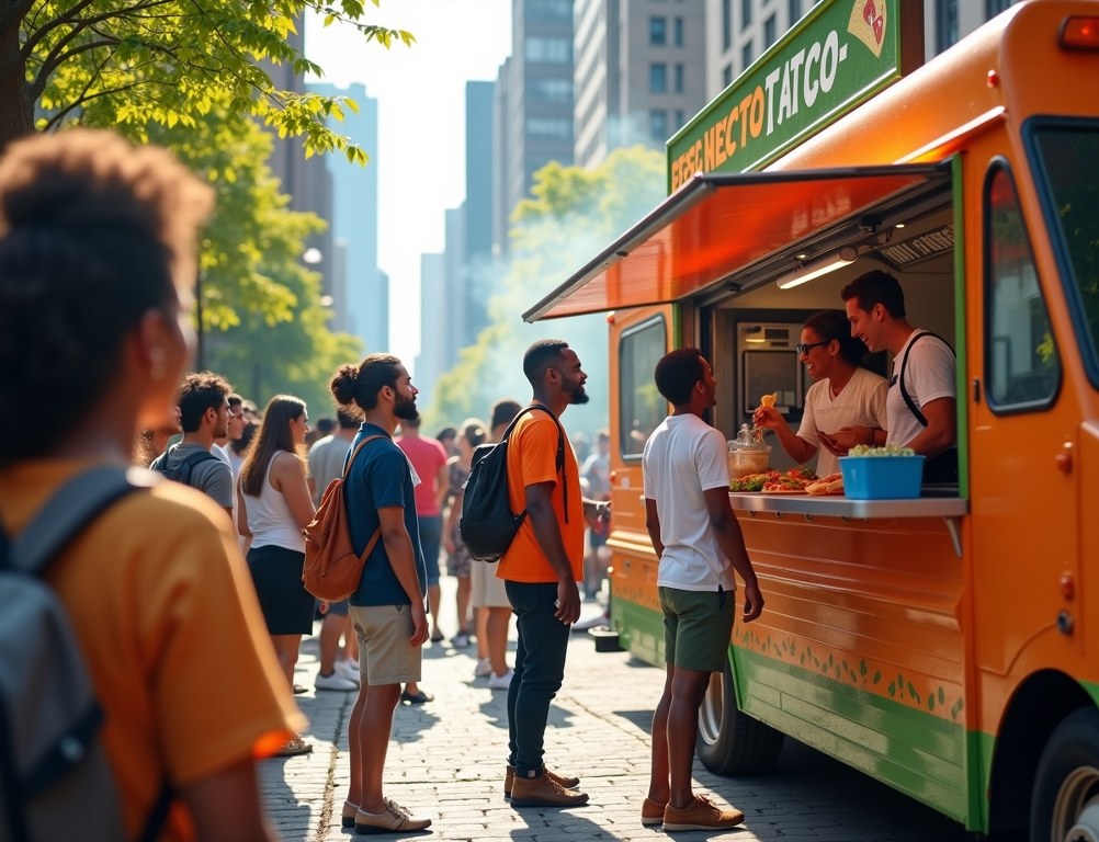 A diverse group of customers happily orders food from a vibrant city food truck on a sunny day.