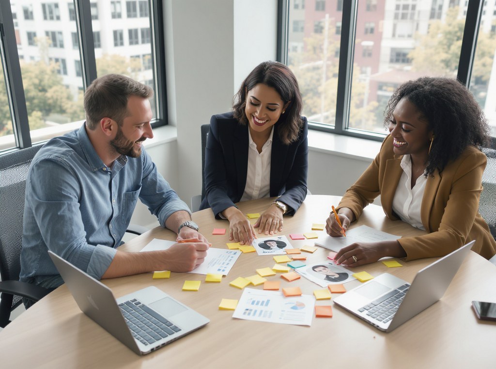 A diverse marketing team collaborates on understanding their audience using buyer personas and sticky notes.