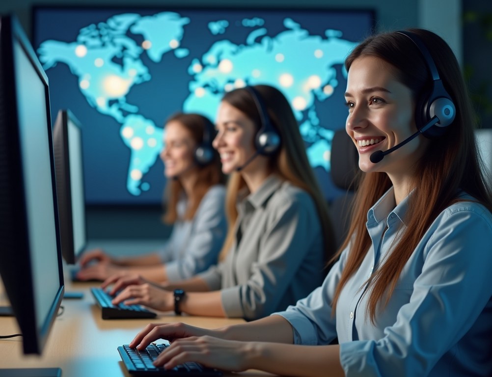 A diverse team of customer support agents provides global service in a modern office.