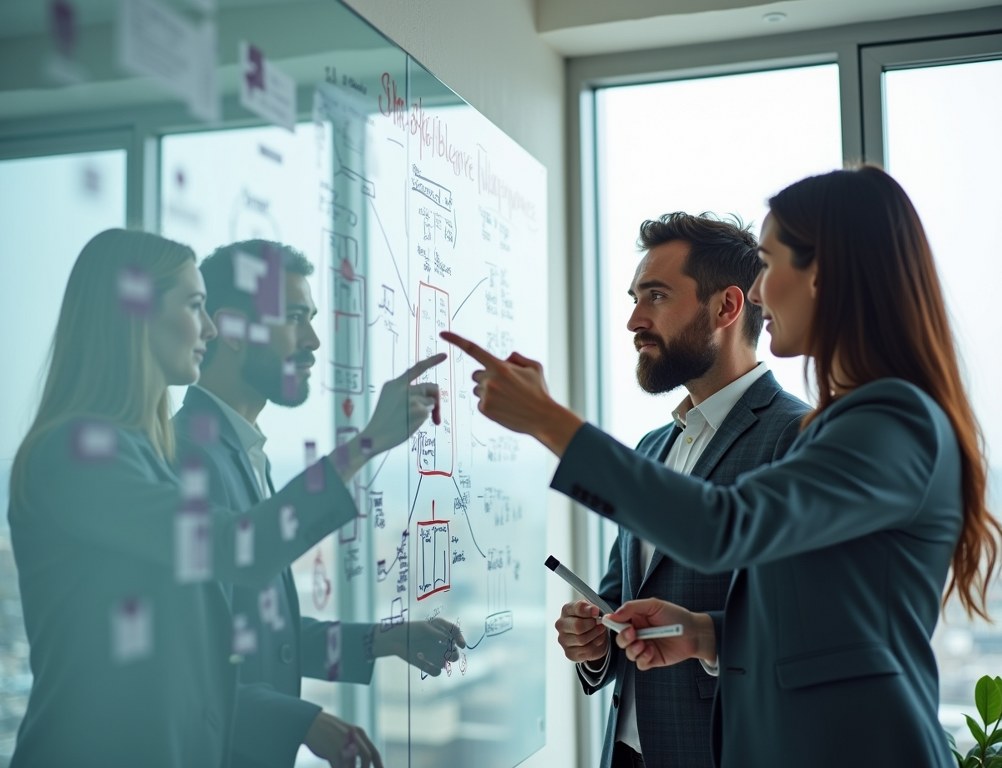 A diverse team of strategists collaborating on a business intelligence plan on a large whiteboard.