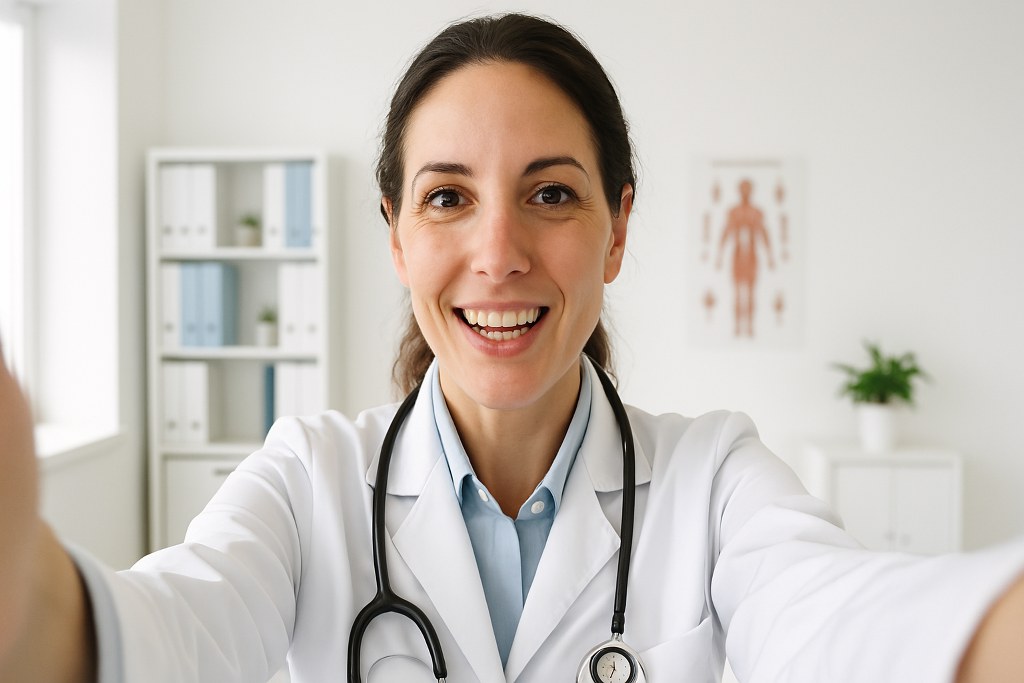 A doctor filming herself in her clinic.
