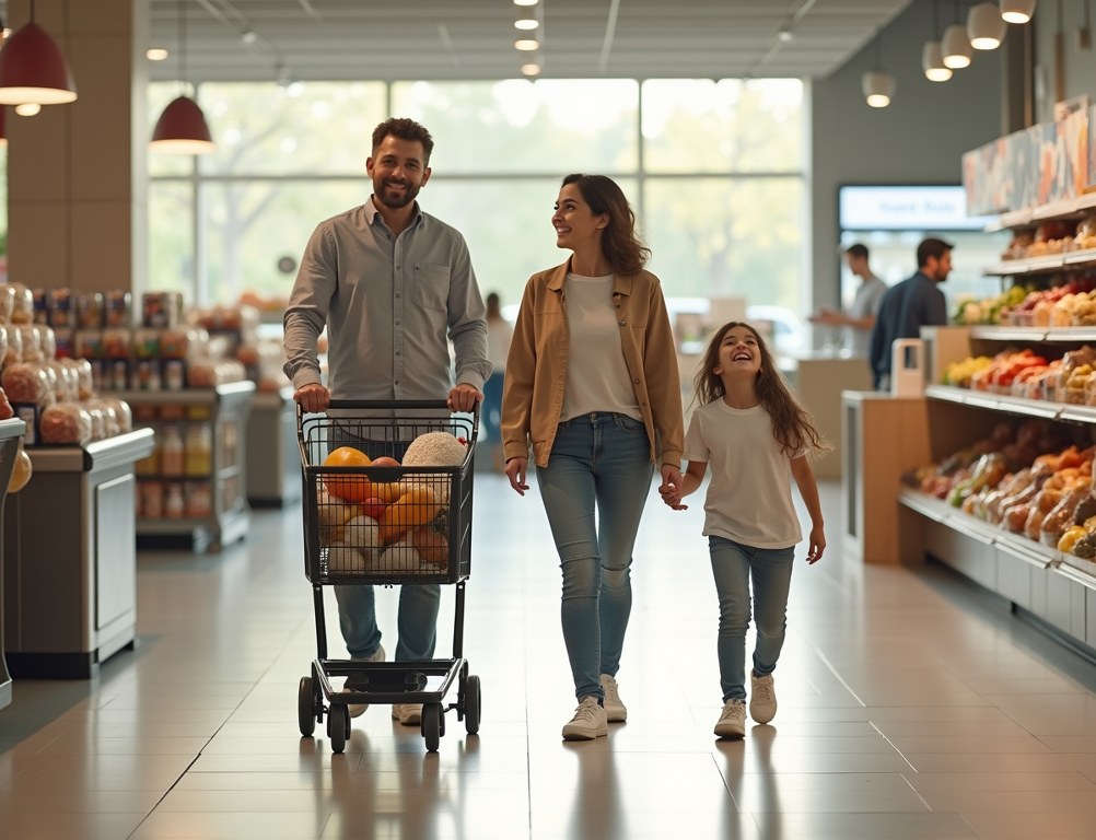 A family leaves an automated, checkout-free store with their items in a smart shopping cart.