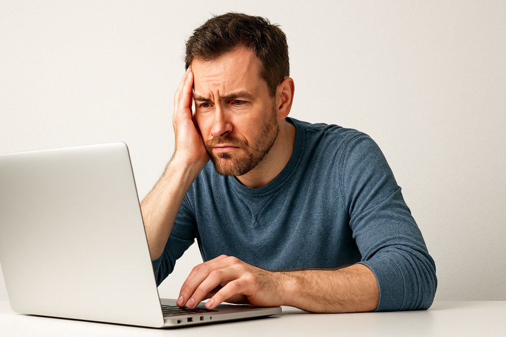 A frustrated man using a laptop.