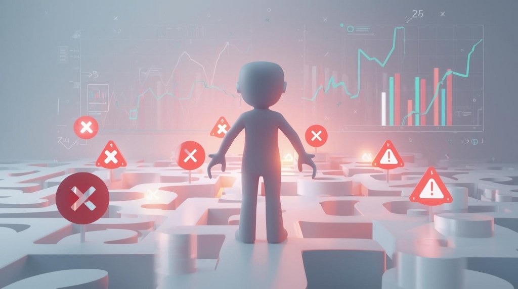 A frustrated user icon is standing in front of a website interface filled with confusing navigation paths.