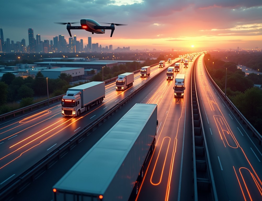 A futuristic visualization of an IoT-powered supply chain with glowing data lines connecting trucks, drones, and warehouses.