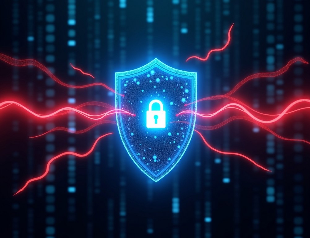 A glowing digital shield with a padlock icon protects a central data server from incoming red cyber threats.