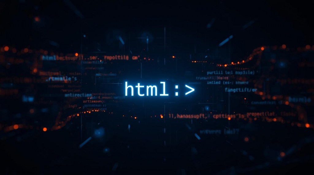 A glowing “” tag appears at the center, surrounded by floating code snippets 