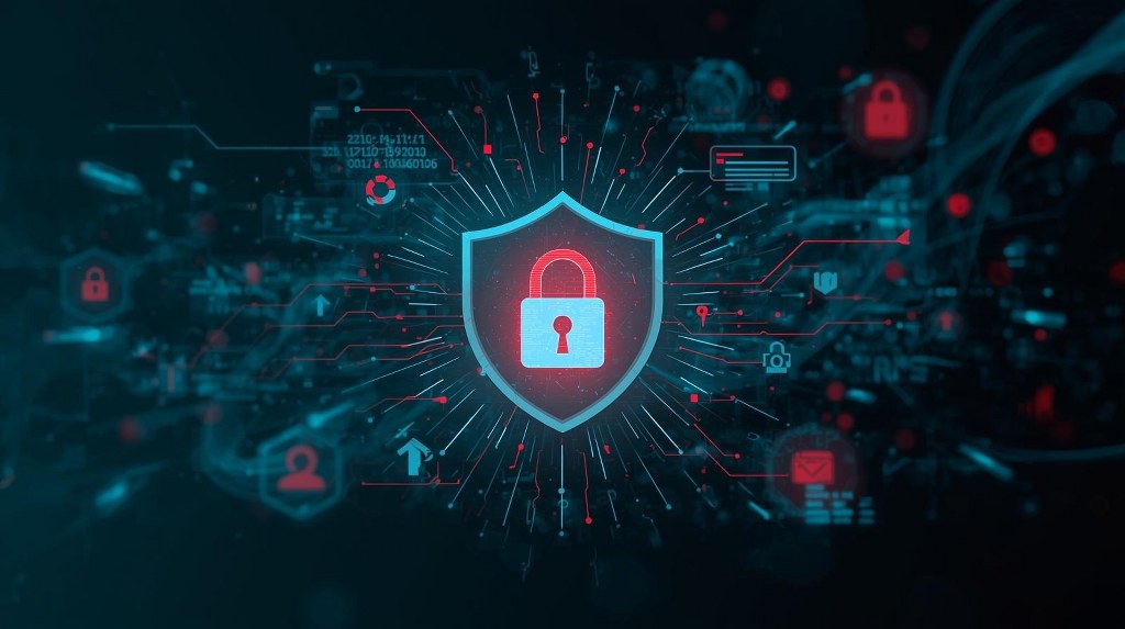 A glowing lock and shield icon protect personal data such as emails, credit card numbers, and user profiles.