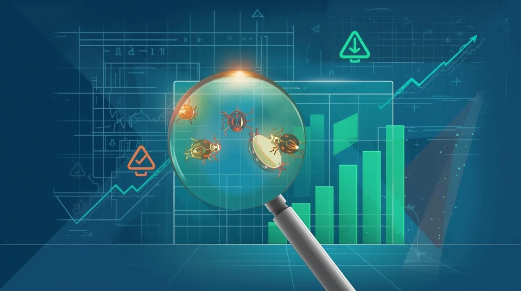 A glowing magnifying glass reveals small bug icons hiding within a website interface.