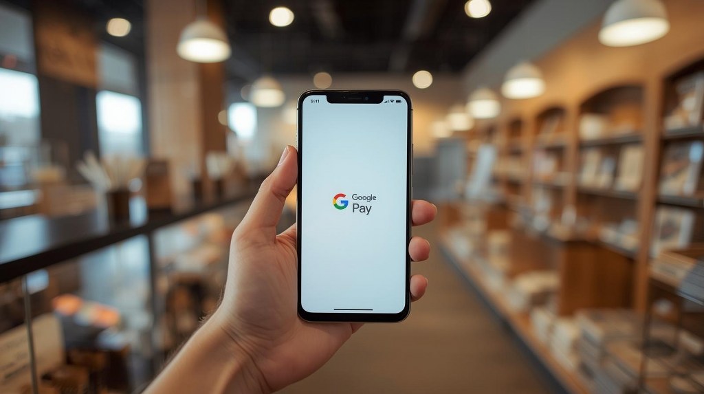 A hand holding a smartphone displaying the Google Pay interface.