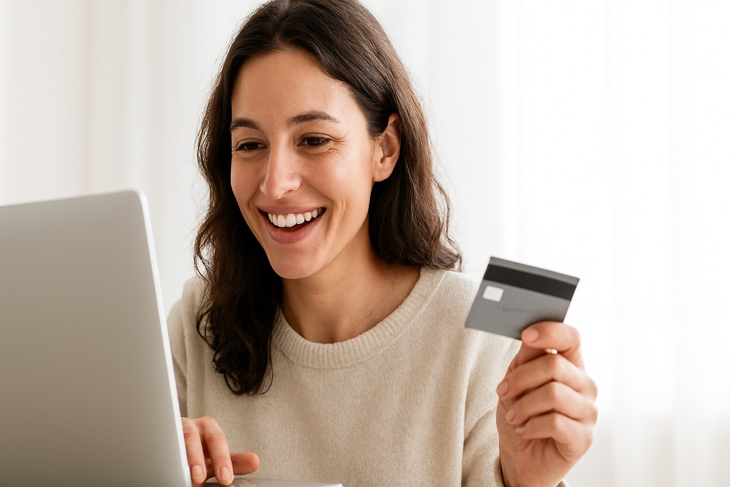 A happy buyer making an online purchase.