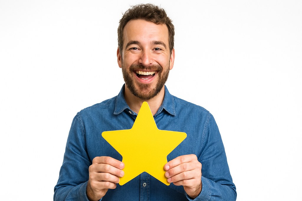A happy customer holding a star-shaped review card.