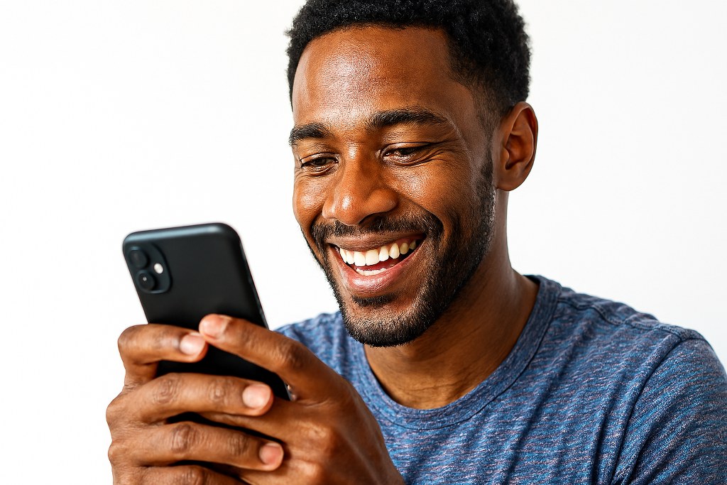 A happy man scrolling his phone.