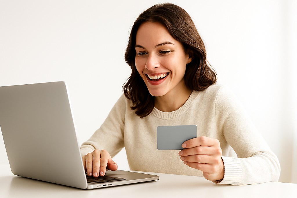 A happy woman making an online purchase.