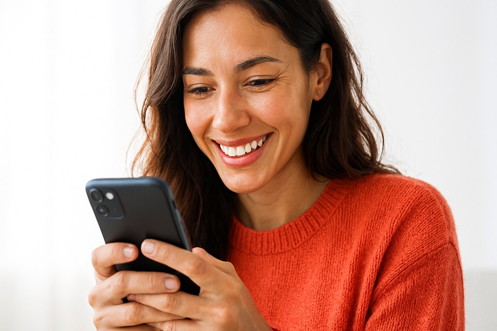 A happy woman scrolling her phone.