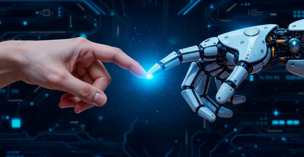 A human hand and a robotic hand.