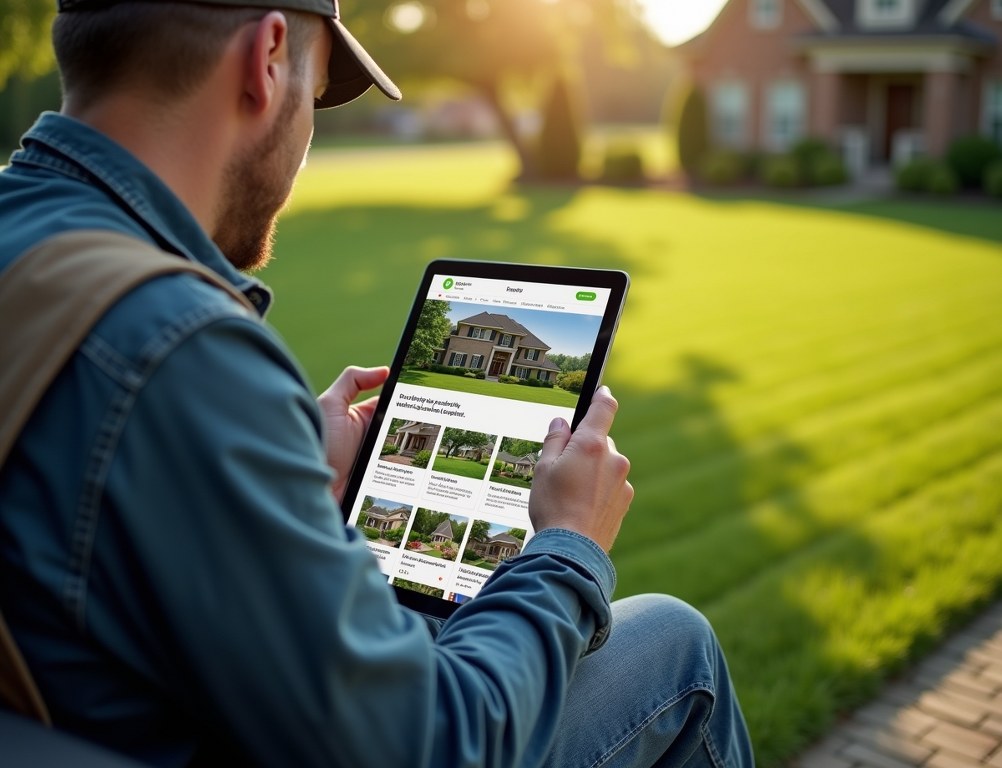A landscaper updates his business website on a tablet while sitting on the back of his truck.