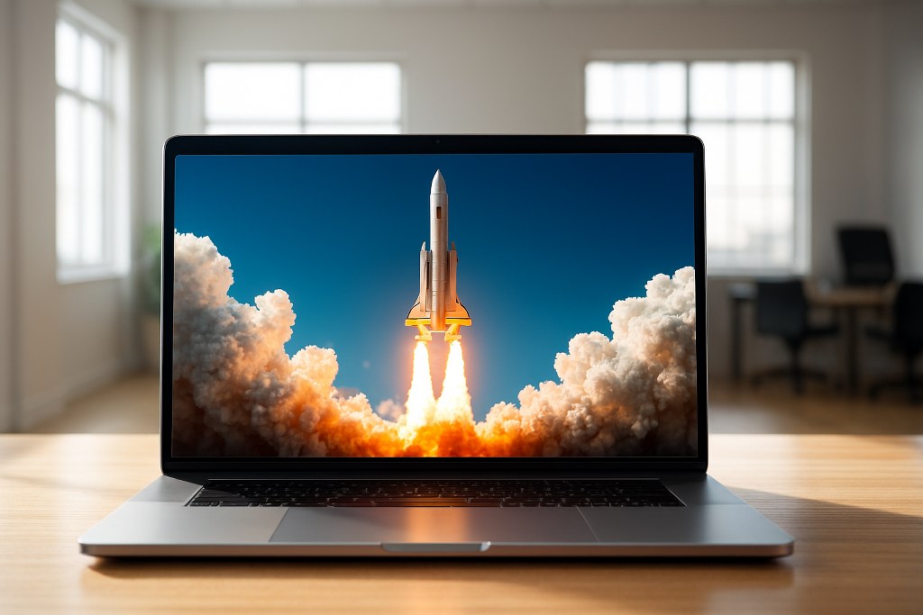 A laptop showing a rocket launch.